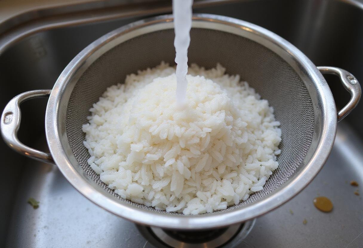 Rinsing japonica rice under running water to remove excess starch, an essential step for achieving the perfect sticky rice consistency.