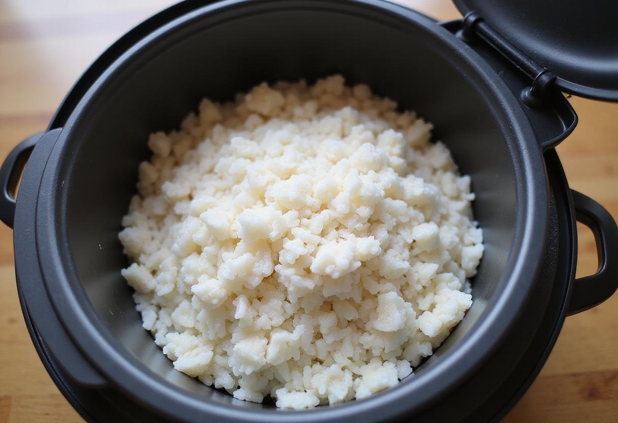 Japonica rice and water added to a rice cooker, prepared for cooking to create the ideal sticky rice dish.