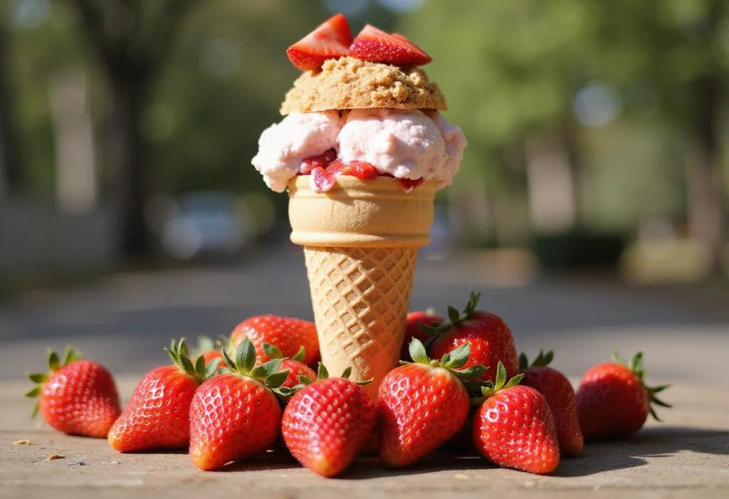 Delicious strawberry crunch ice cream cone with shortcake topping, showcasing the ultimate strawberry shortcake ice cream dessert.