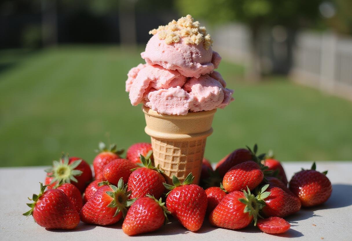 Delicious strawberry crunch ice cream cone with shortcake topping, showcasing the ultimate strawberry shortcake ice cream dessert.