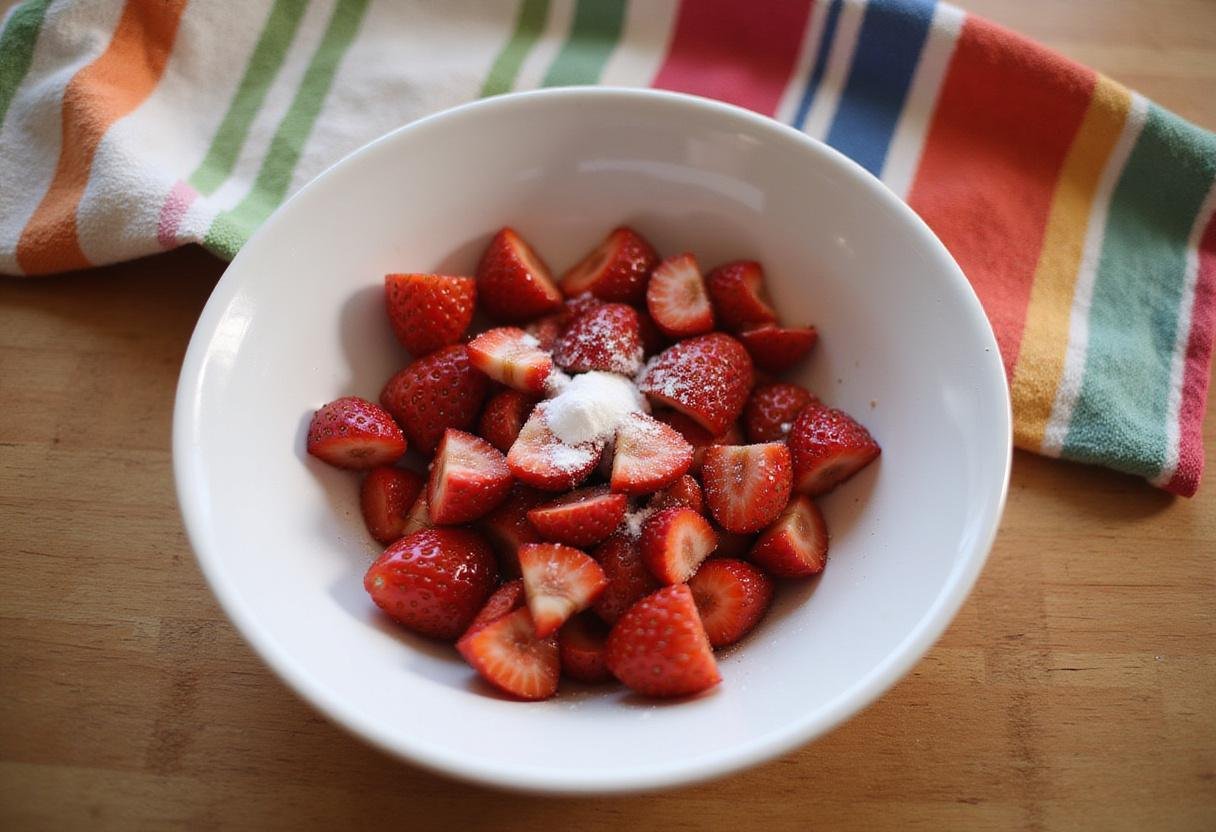 Fresh strawberries chopped for strawberry crunch ice cream, vibrant kitchen scene, making strawberry ice cream preparations.