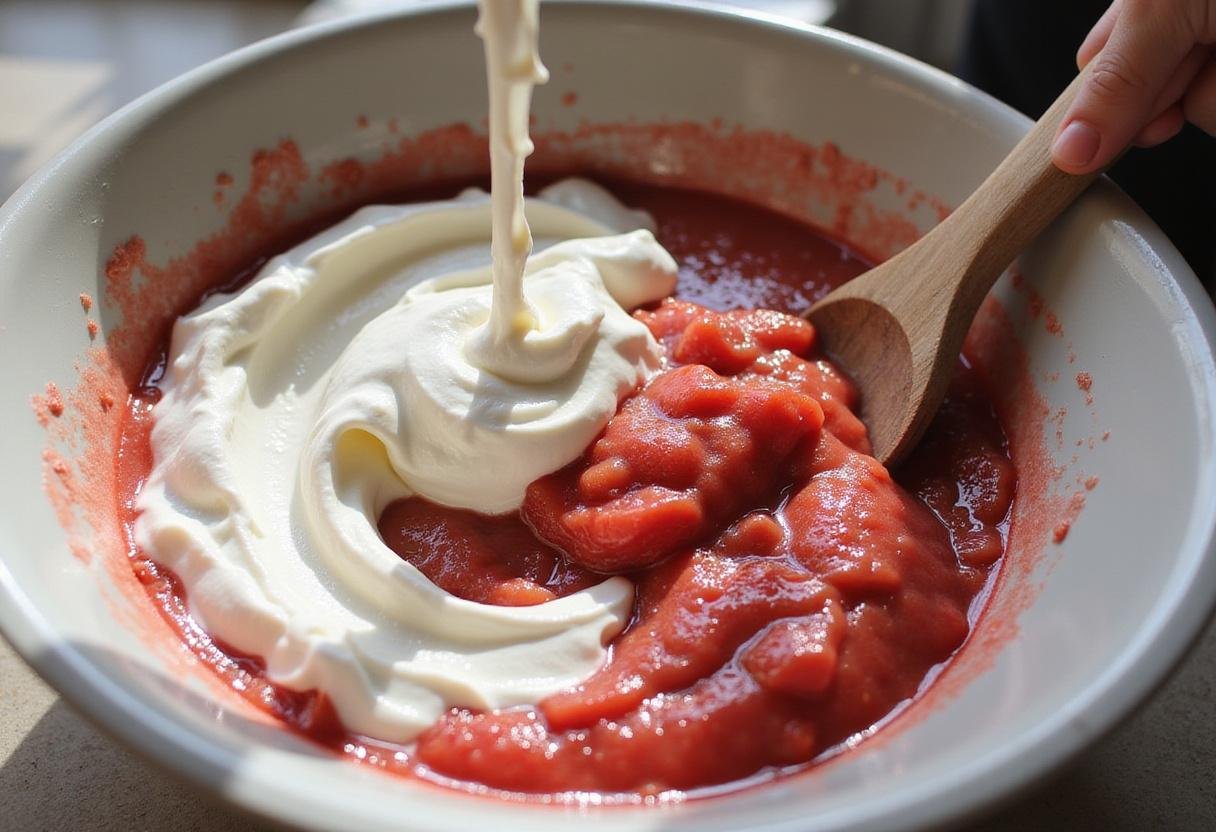 Preparing strawberry ice cream mix with whipped cream and strawberry puree, capturing the essence of strawberry crunch ice cream recipe.
