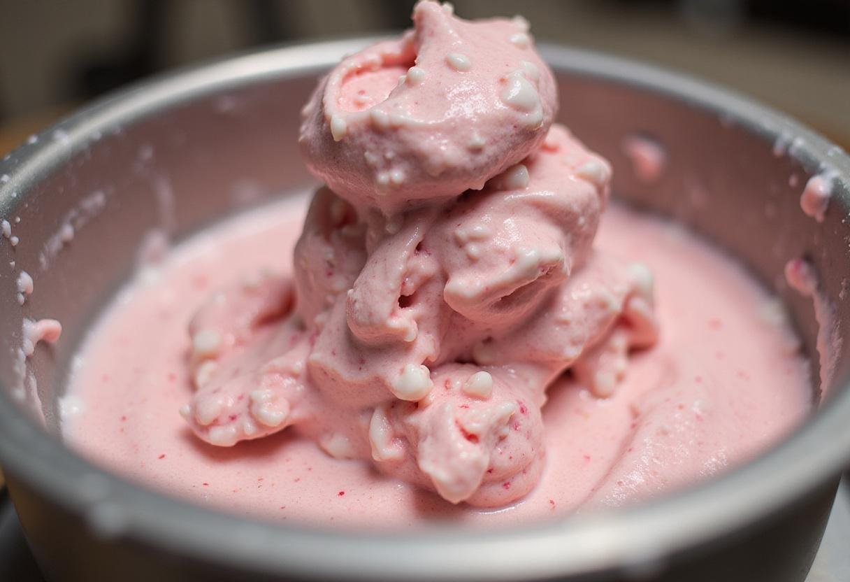 Churning strawberry ice cream mixture in an ice cream maker, showcasing the creamy process of creating strawberry crunch ice cream.