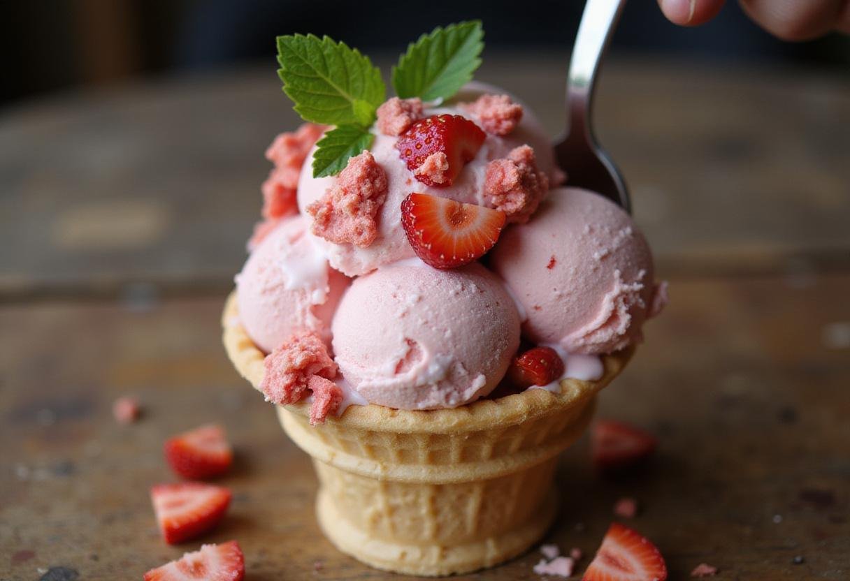 Scoop of strawberry ice cream served in a cone, featuring strawberry crunch, perfect for strawberry ice cream lovers.