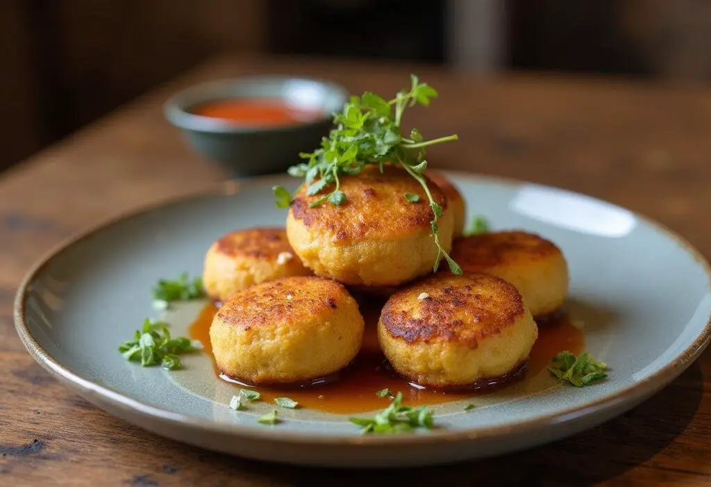 Final presentation of Super Potato Milpitas on a rustic table, featuring vibrant colors and appetizing presentation.