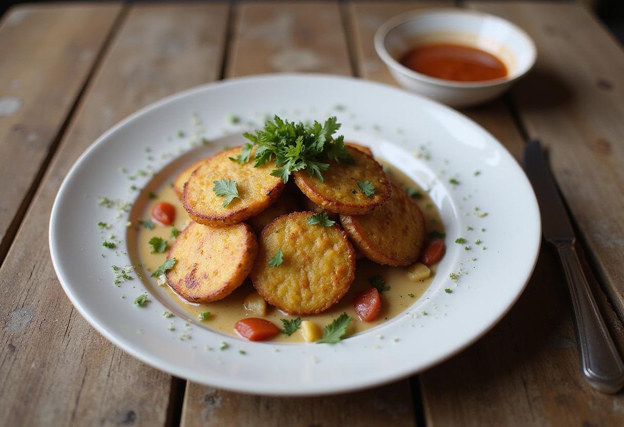 Final presentation of Super Potato Milpitas on a rustic table, featuring vibrant colors and appetizing presentation.