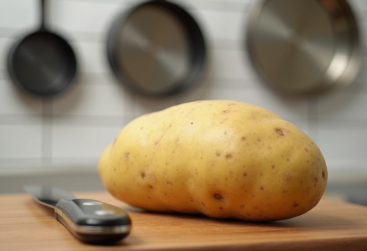 Fresh unpeeled potato on a cutting board in a bright kitchen, preparing for Super Potato Milpitas dish.