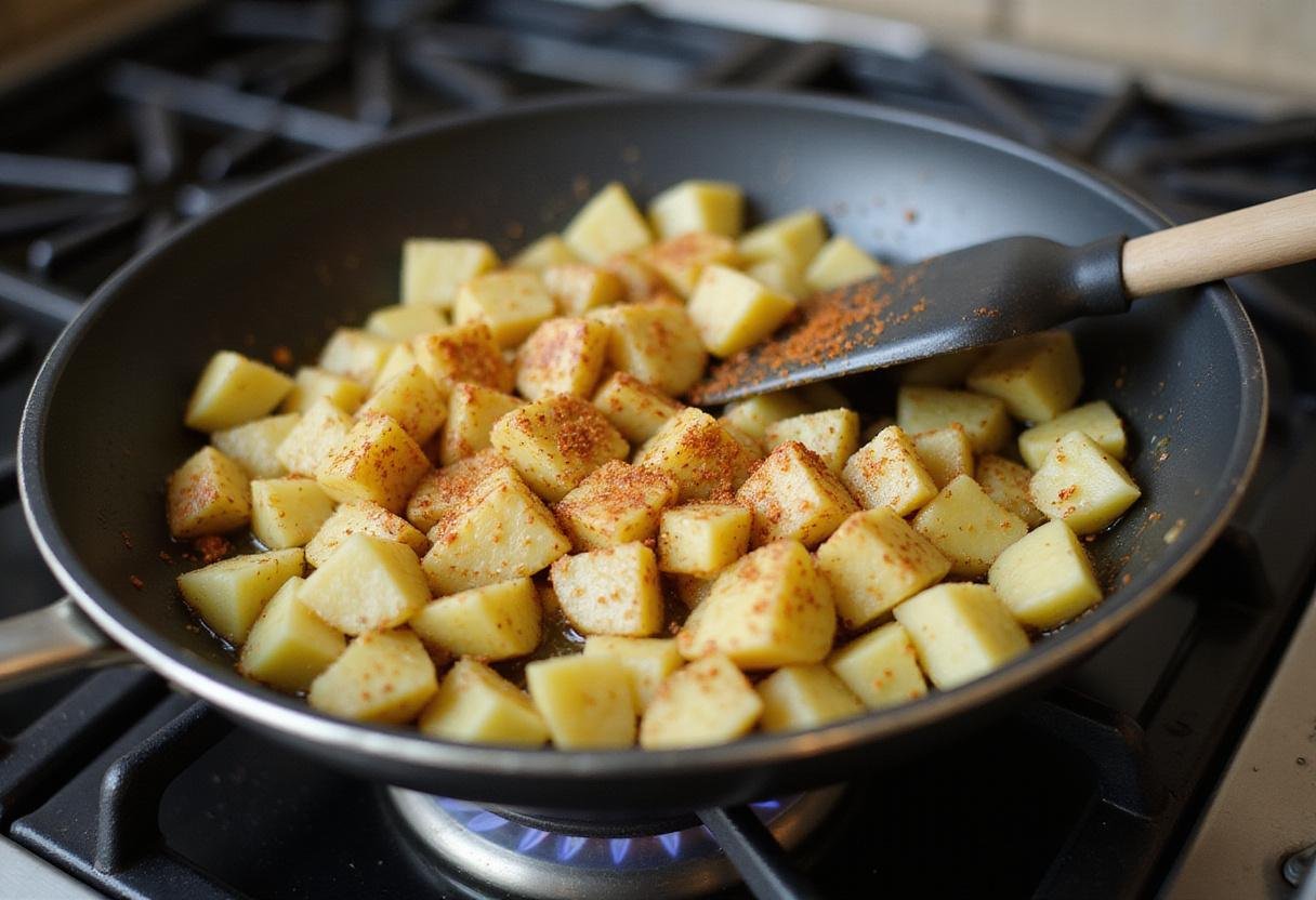 Sizzling diced potatoes in a pan, cooking with spices for Super Potato Milpitas, capturing the cooking action.