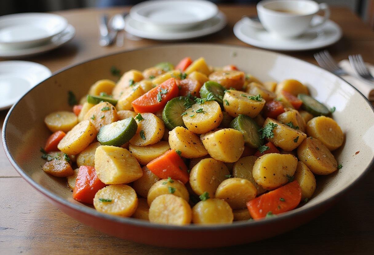 Sautéed potatoes mixed with vegetables in a bowl, presenting a vibrant Super Potato Milpitas dish ready to serve.