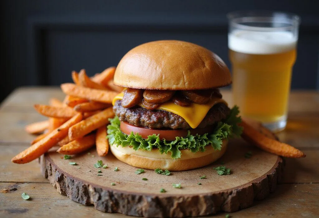 Final presentation of a supreme savory gluten-free burger with sweet potato fries, perfect for a delightful meal.
