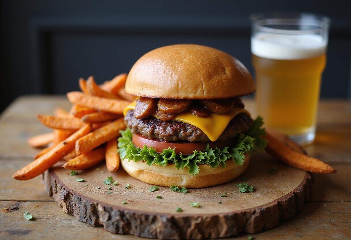 Final presentation of a supreme savory gluten-free burger with sweet potato fries, perfect for a delightful meal.