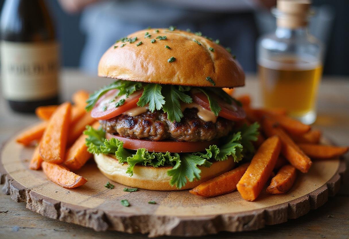 Final presentation of a supreme savory gluten-free burger with sweet potato fries, perfect for a delightful meal.