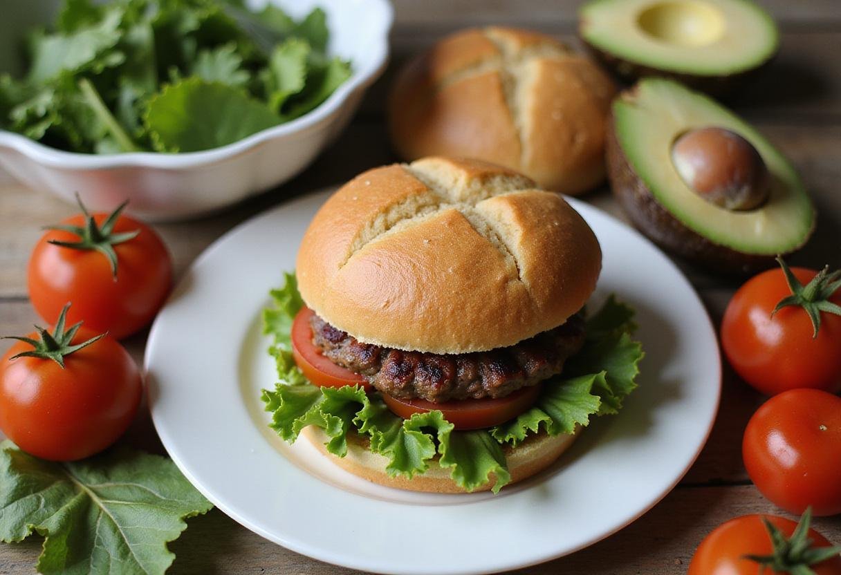 Fresh ingredients for a gluten-free burger, including lettuce, tomatoes, avocados, and gluten-free buns on the prep table.