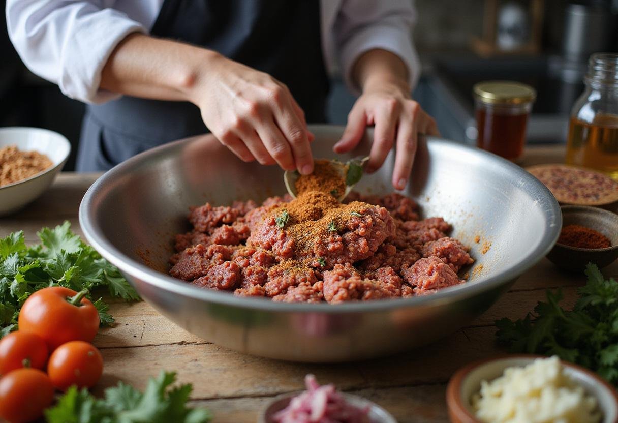 A chef preparing a gluten-free burger patty mixture with fresh herbs and spices for an amazing flavor.