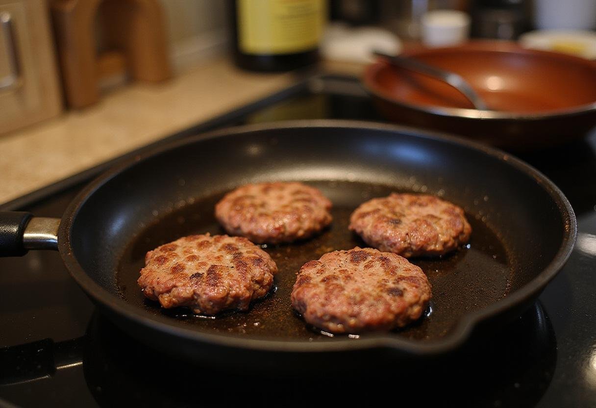 Gluten-free burger patties sizzling in a skillet, showcasing the cooking process in a warm kitchen.