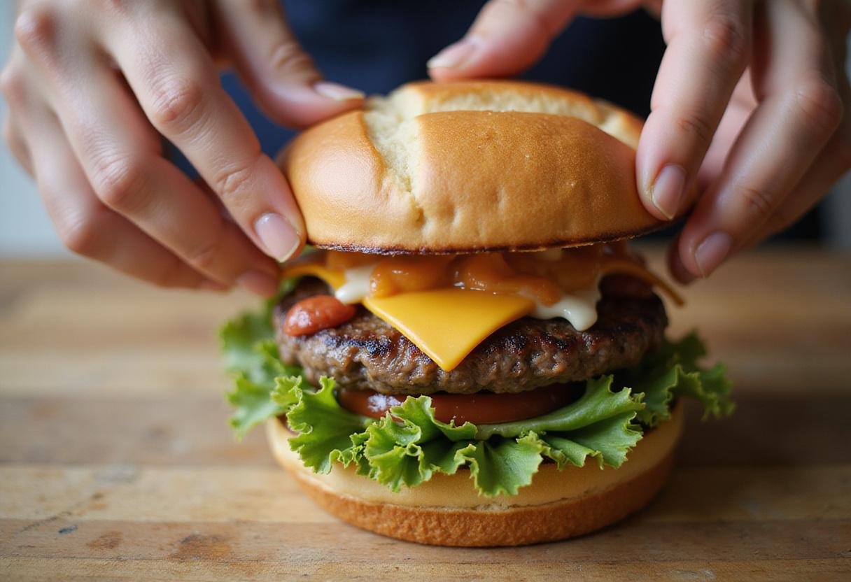 Assembling a delicious gluten-free burger with layers of cheese and fresh toppings showing the final touches.