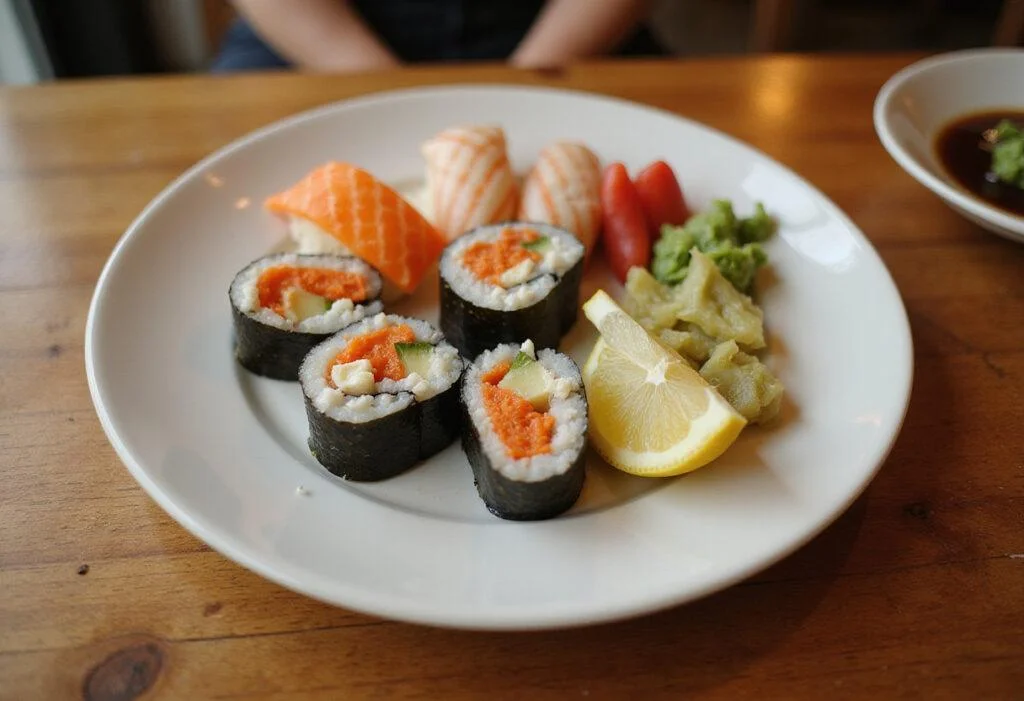 Final presentation of Sushi Harbor's Ocean Bounty, featuring beautifully arranged sushi rolls with colorful garnishes and sauces.