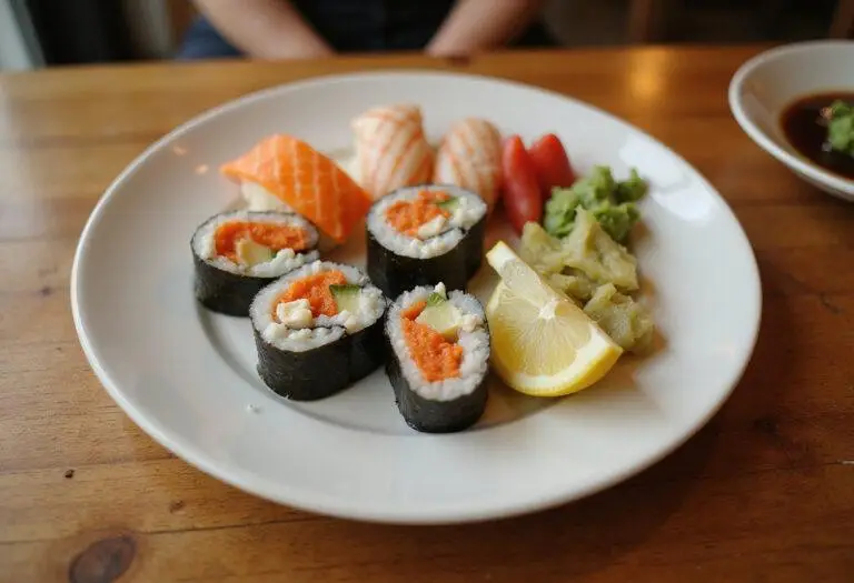 Final presentation of Sushi Harbor's Ocean Bounty, featuring beautifully arranged sushi rolls with colorful garnishes and sauces.
