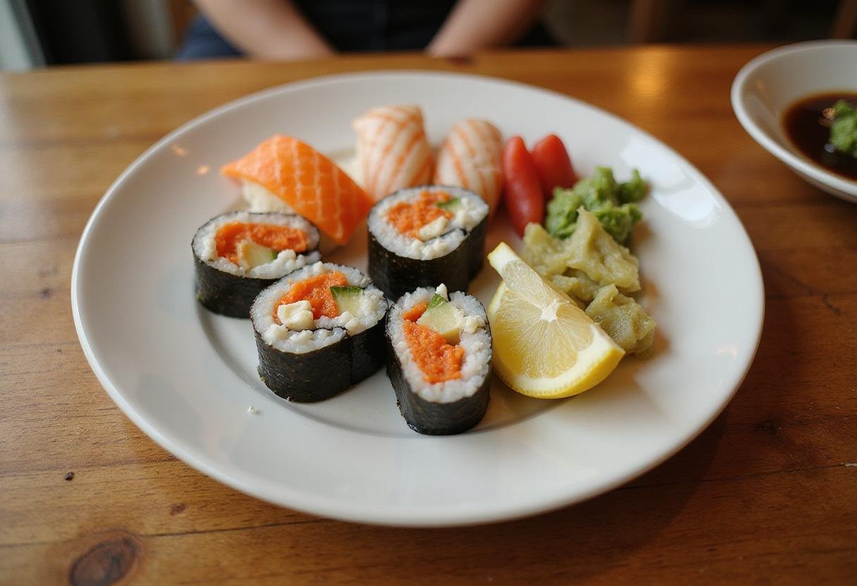 Final presentation of Sushi Harbor's Ocean Bounty, featuring beautifully arranged sushi rolls with colorful garnishes and sauces.
