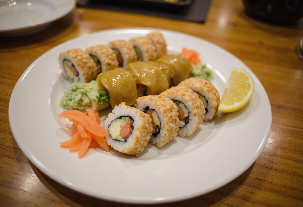 Final presentation of Sushi Harbor's Ocean Bounty, featuring beautifully arranged sushi rolls with colorful garnishes and sauces.