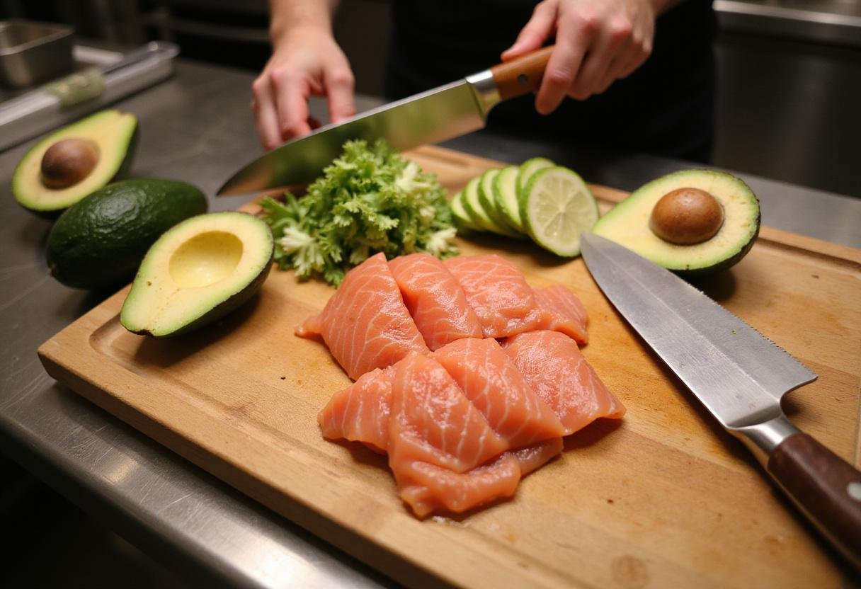 Preparing fresh ingredients for Sushi Harbor, including colorful vegetables and high-quality sushi-grade fish.