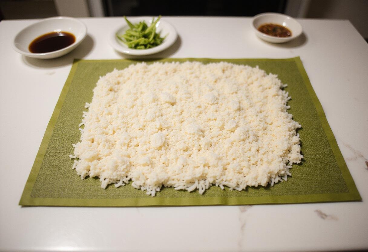 Rolling sushi at Sushi Harbor with seasoned sushi rice on a bamboo mat, ready to add fresh ingredients.