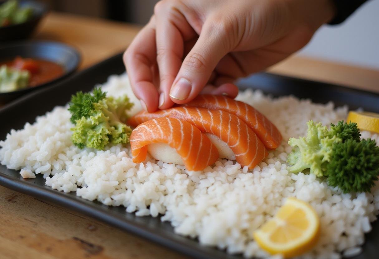 Crafting Sushi Harbor's special sushi roll with fresh ingredients skillfully placed on seasoned rice, ready to be rolled.