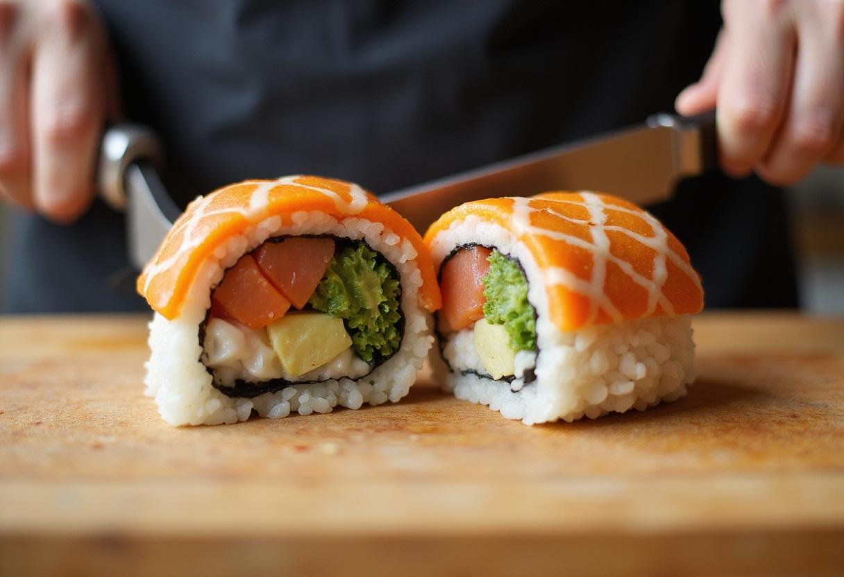 Slicing a perfectly rolled sushi from Sushi Harbor, showcasing the colorful fillings of fish and vegetables.