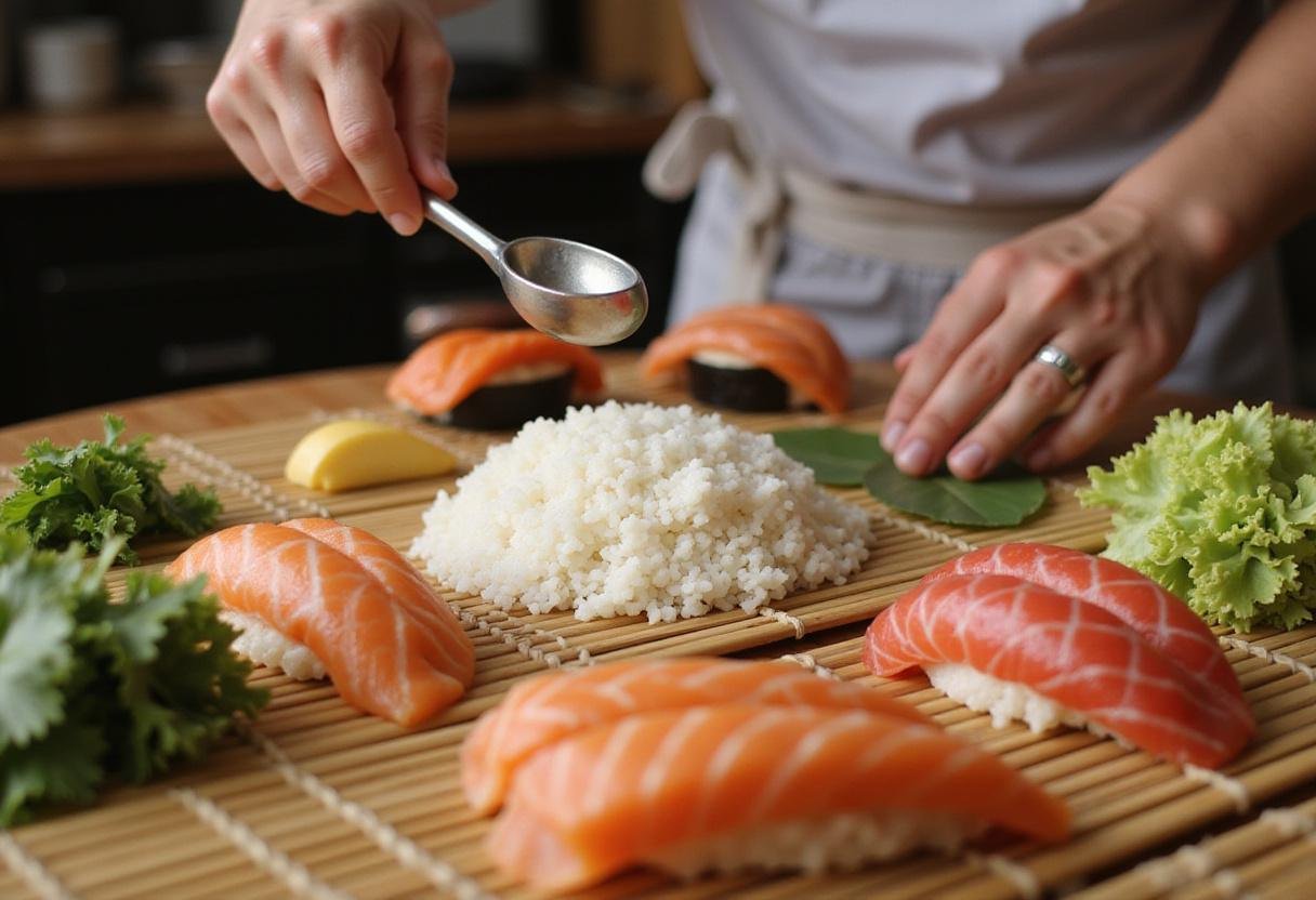 Sushi Roku Palo Alto sushi preparation with sushi rice and fresh ingredients.