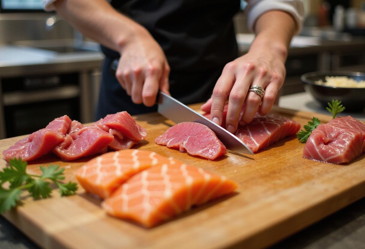 Sushi Roku Palo Alto seafood slicing with vibrant fish for fresh sushi.