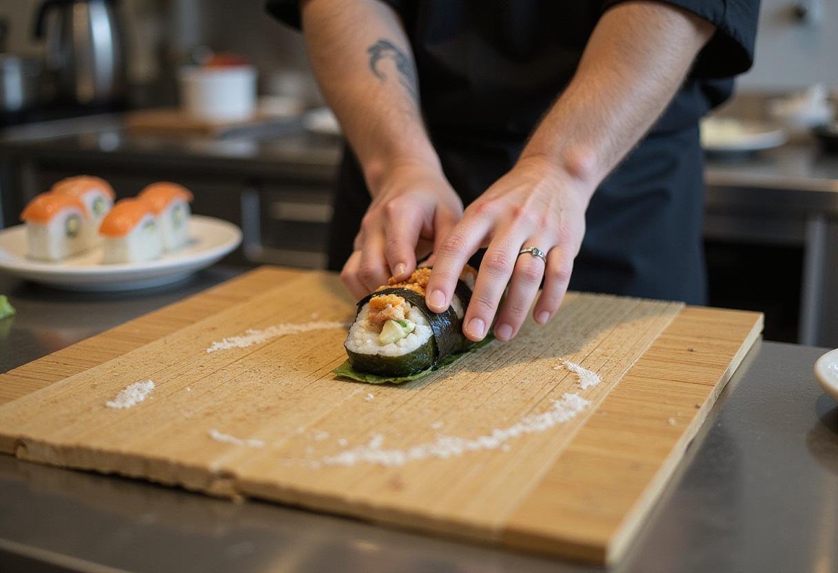 Sushi Roku Palo Alto sushi rolling process with ingredients for elegant sushi.