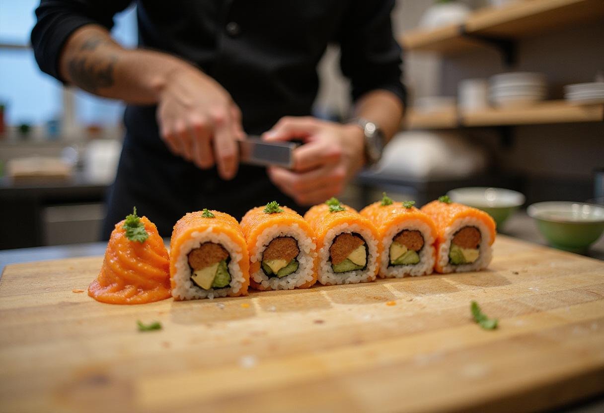 Sushi Roku Palo Alto sushi cutting for beautifully presented sushi pieces.