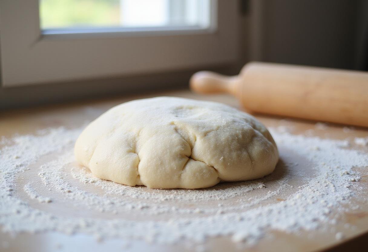 Kneading dough for sweet brioche donuts, emphasizing the fluffy texture of the dough on a floured surface.