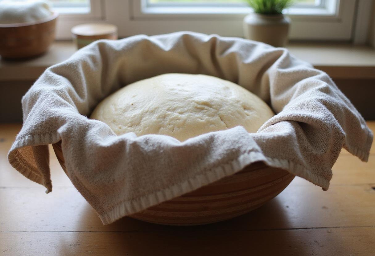 Allowing the brioche donut dough to rise, creating a fluffy texture, in a warm kitchen atmosphere.
