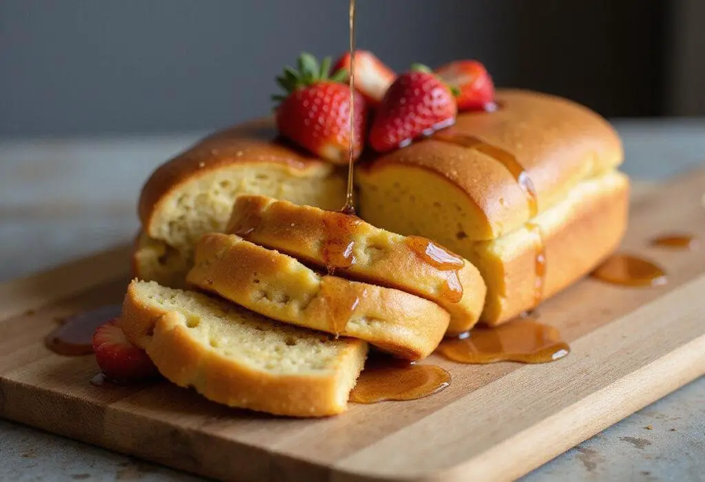 Deliciously baked sweet fluffy pancake bread served with syrup and fresh fruit.