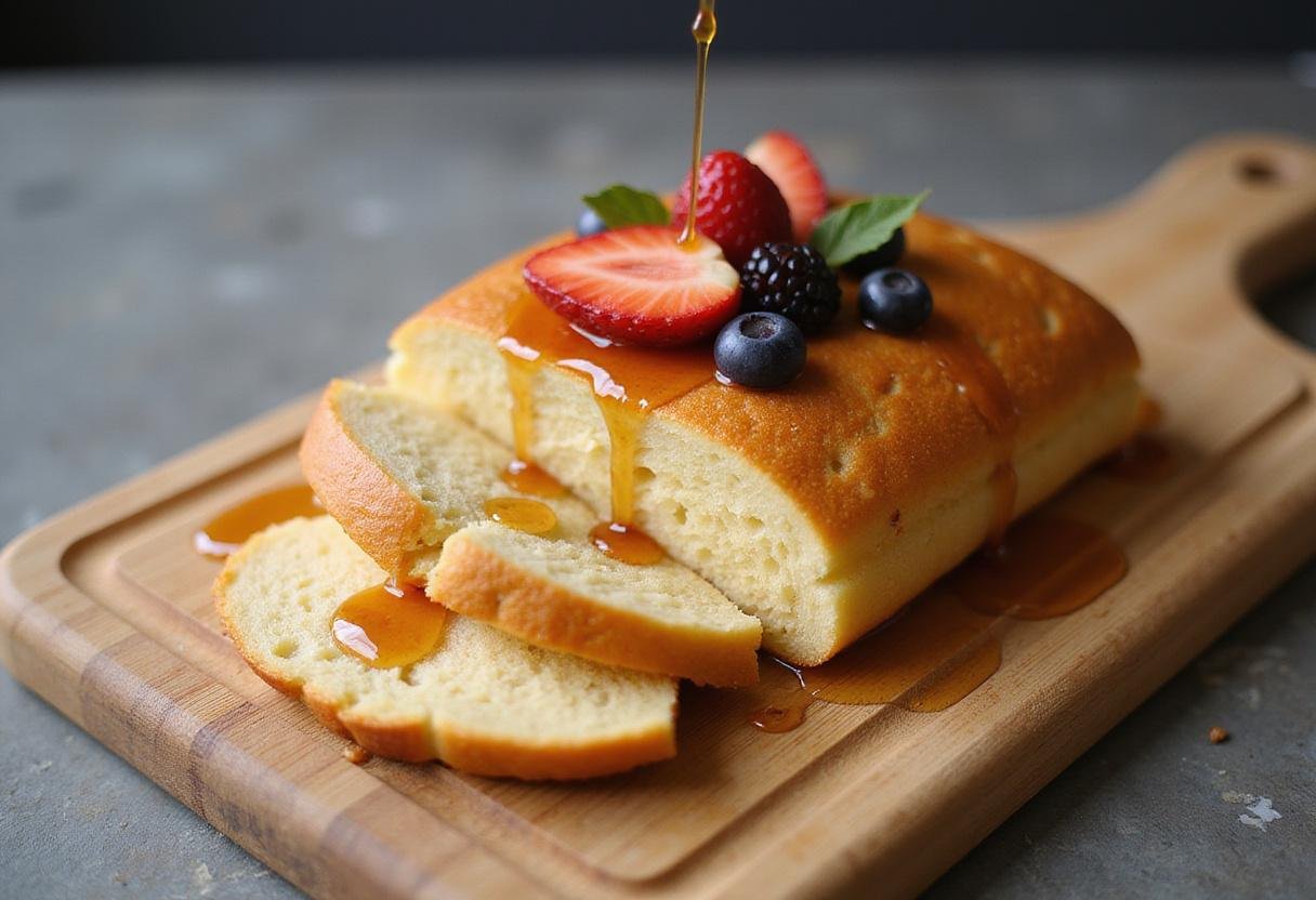 Deliciously baked sweet fluffy pancake bread served with syrup and fresh fruit.