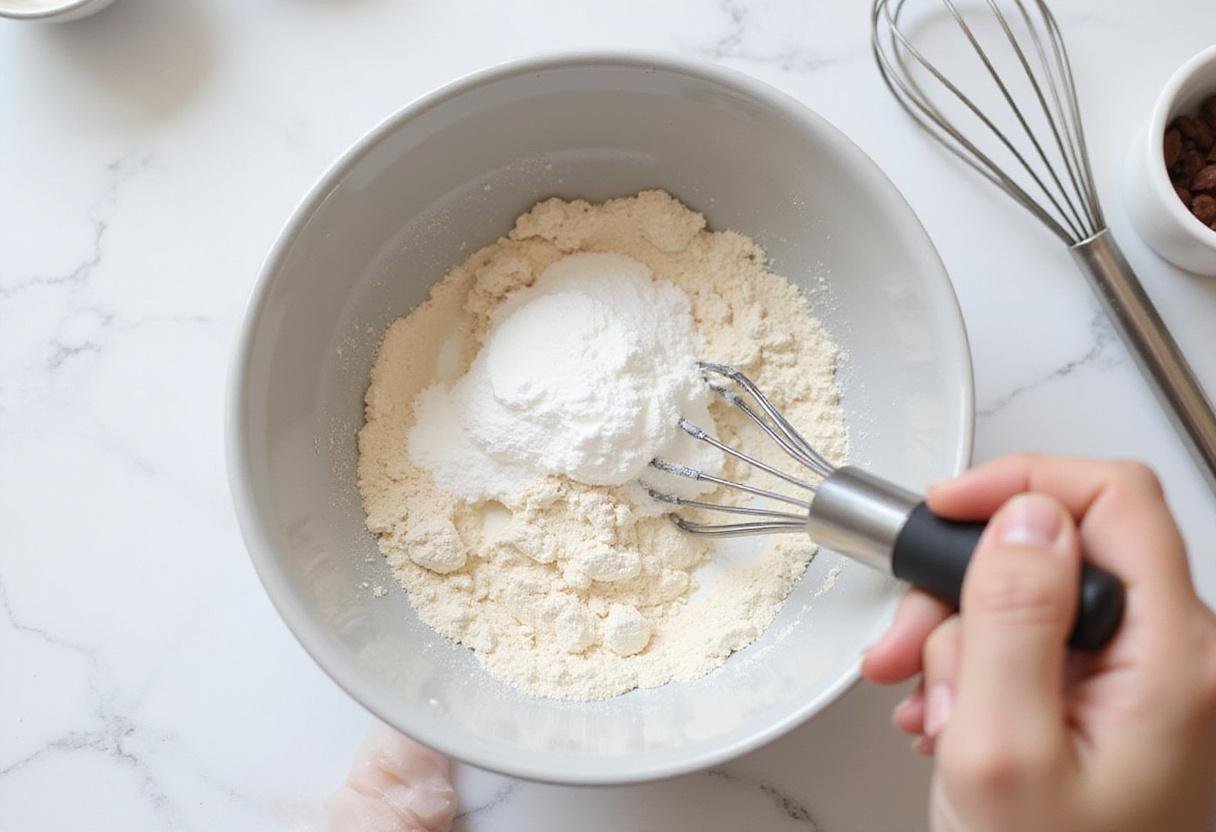 Mixing dry ingredients for sweet fluffy pancake bread with flour, baking powder, and sugar.