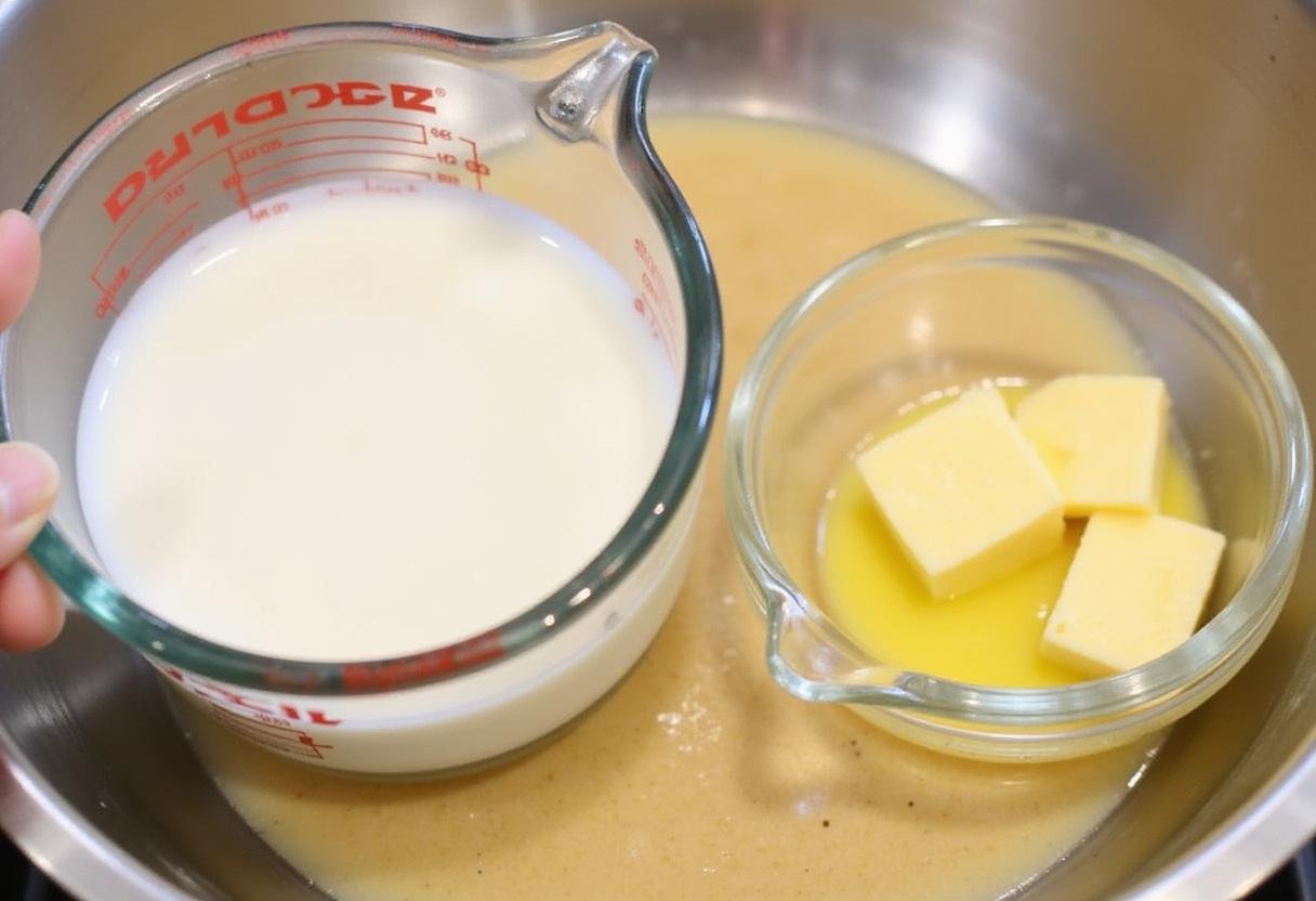 Preparing wet ingredients like milk and melted butter for sweet fluffy pancake bread.
