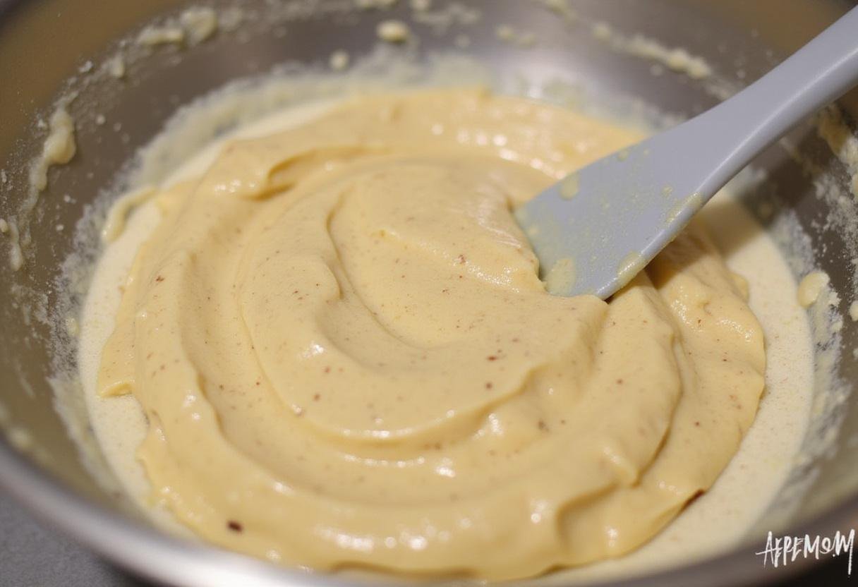 Folding wet ingredients into dry mix to create a fluffy pancake bread batter.