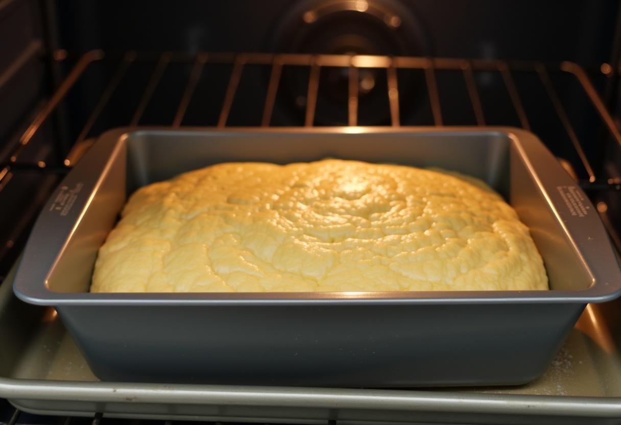 Preparing the loaf pan filled with pancake bread batter ready for baking.