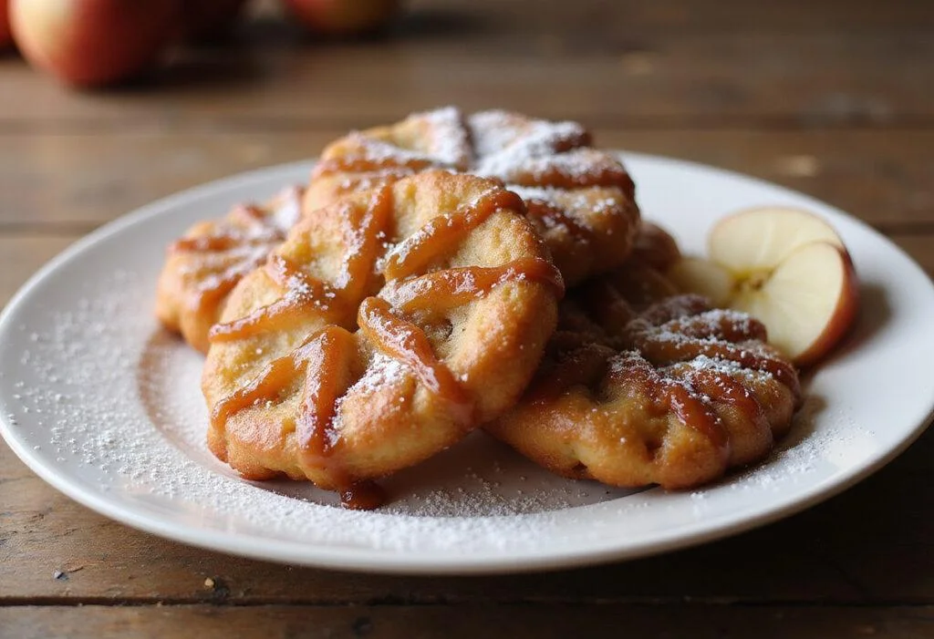 Deliciously sweet glazed apple fritters presented on a rustic wooden table, highlighting a mouthwatering apple fritter recipe.