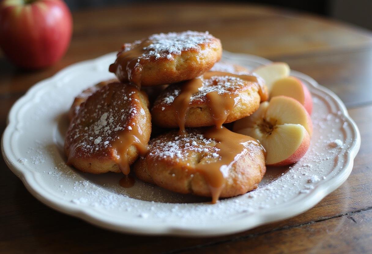 Deliciously sweet glazed apple fritters presented on a rustic wooden table, highlighting a mouthwatering apple fritter recipe.