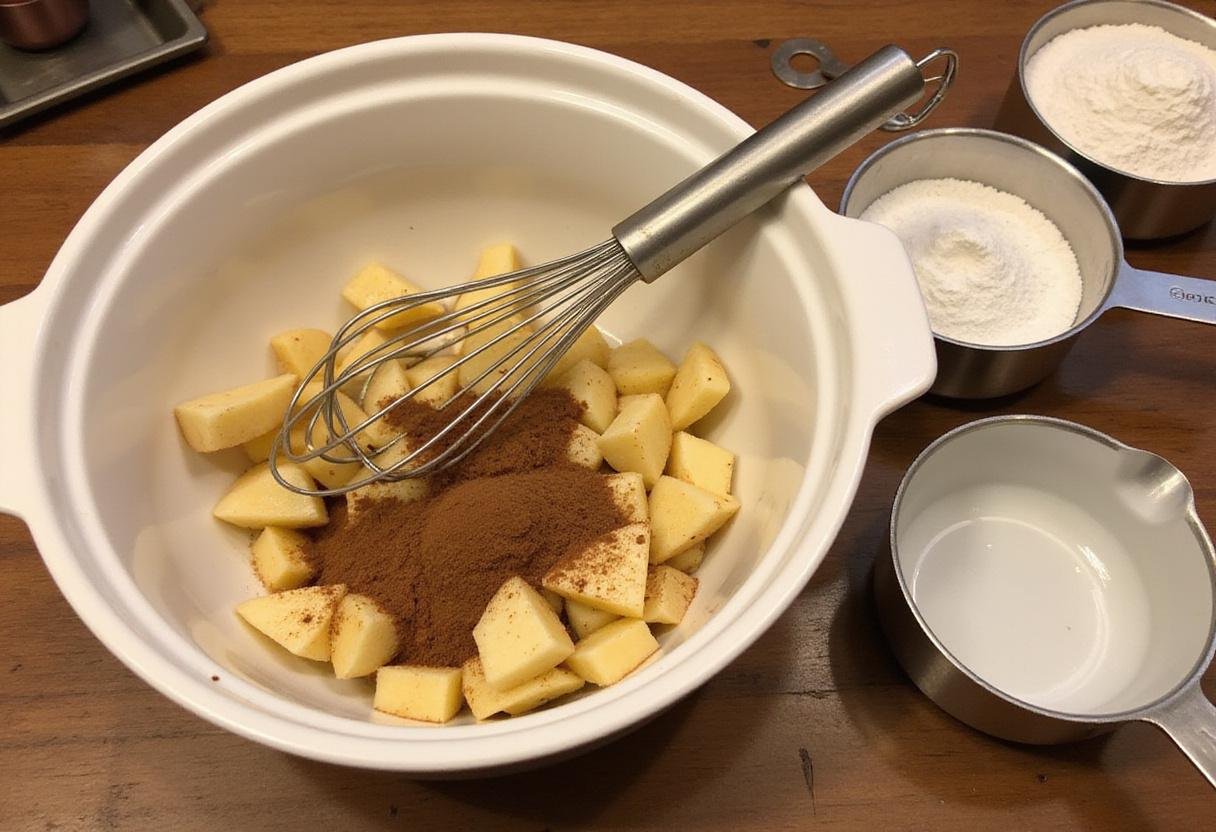 Peeled and diced apples with cinnamon and sugar for a delicious apple fritter recipe preparation on a wooden countertop.