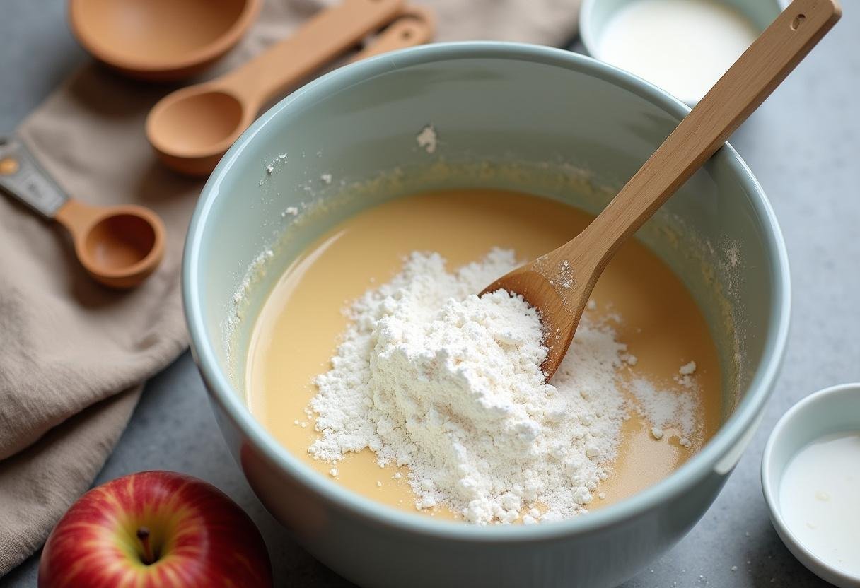 Combining batter ingredients for a perfectly fluffy apple fritter recipe in a mixing bowl with fresh apples nearby.