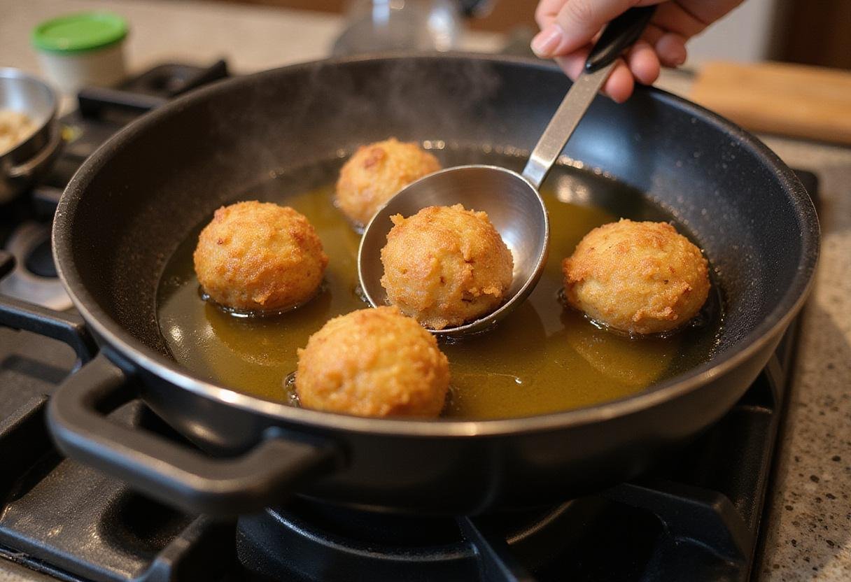 Frying apple fritter balls in hot oil, depicting the delicious apple fritter recipe in action with cooking tools nearby.