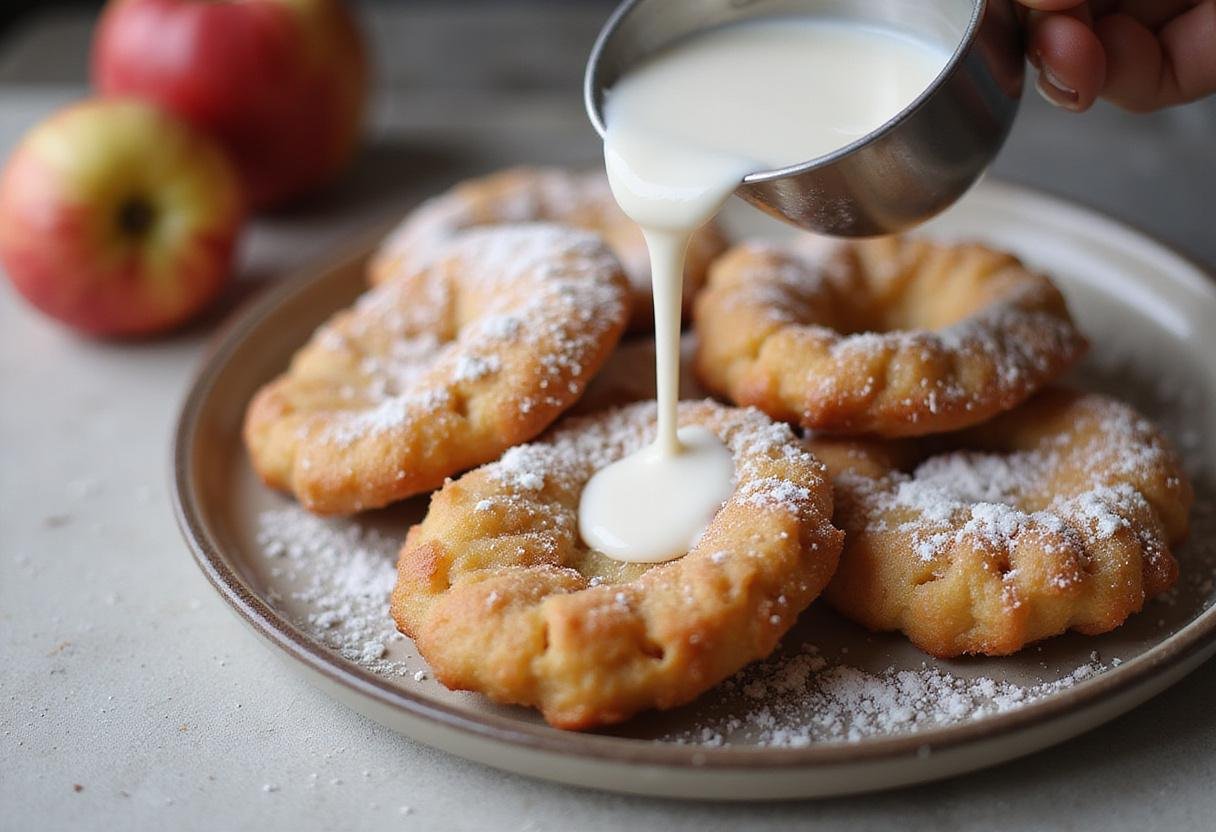 Drizzling glaze over freshly fried apple fritters, showcasing the final steps of an enticing apple fritter recipe.