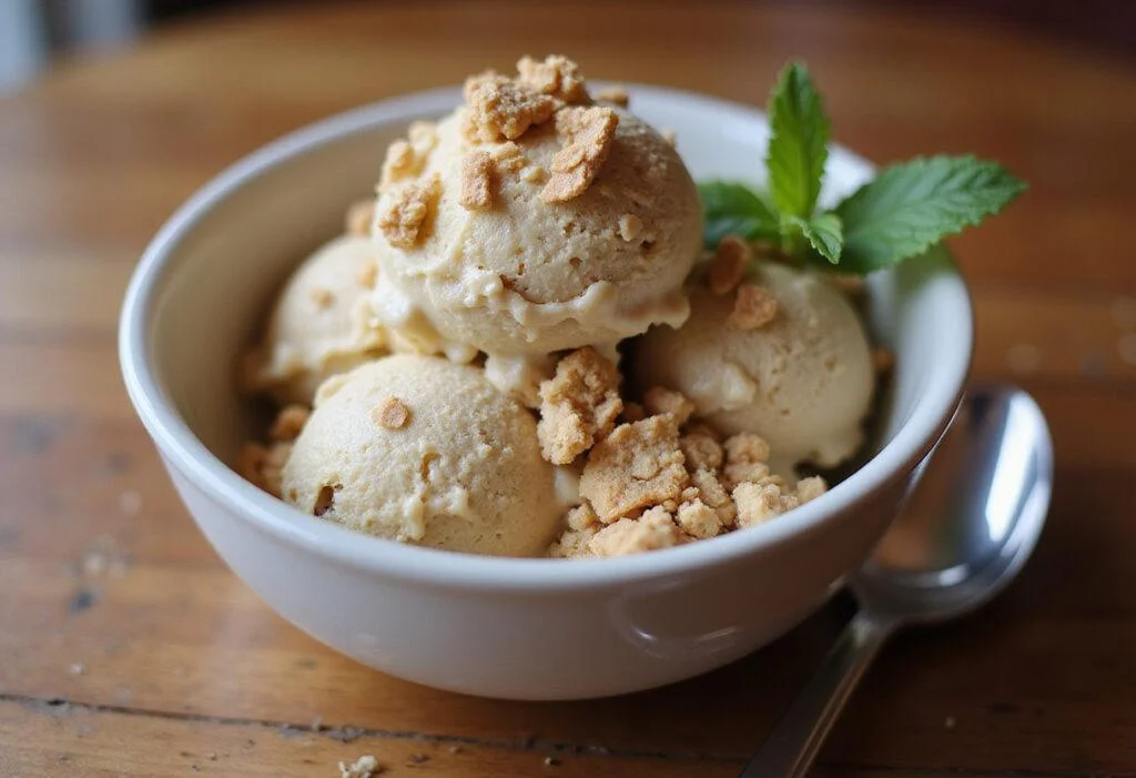 Deliciously served oatmeal cream pie ice cream in a bowl, a delectable treat ready to indulge.