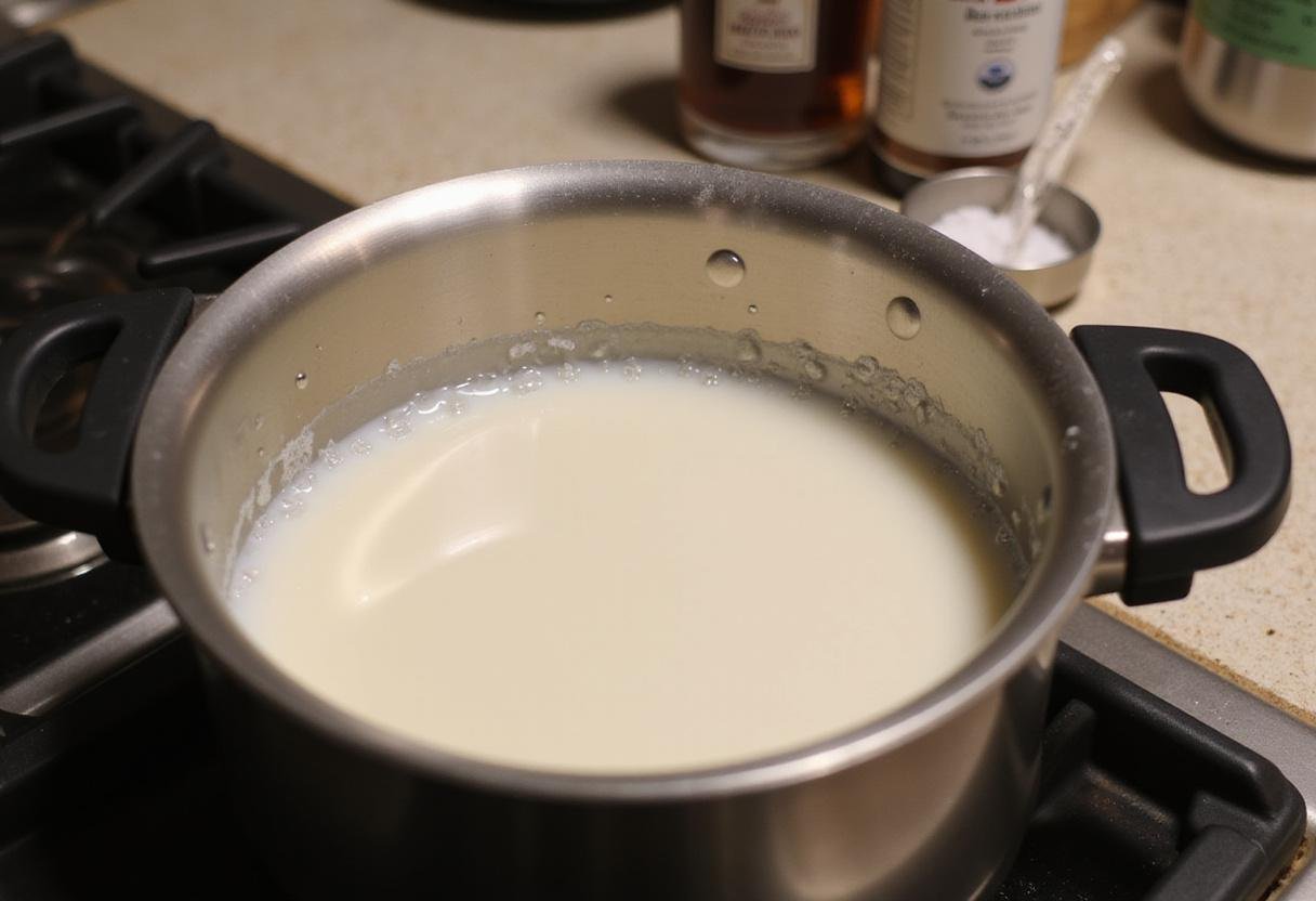 Simmering milk and cream for oatmeal cream pie ice cream in a warm and welcoming kitchen.