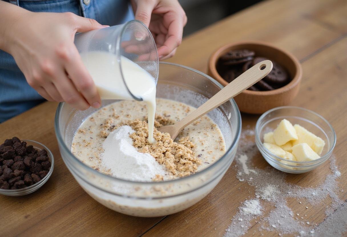 Mixing the creamy oatmeal pie filling for ice cream with chocolate chips, creating a delectable dessert.