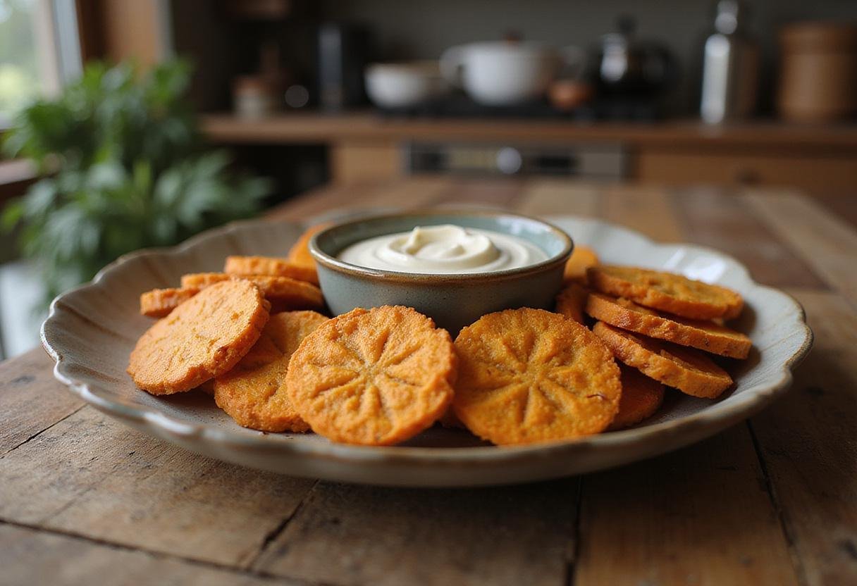 Delicious homemade sweet potato crackers served with dip, a perfect healthy snack option.